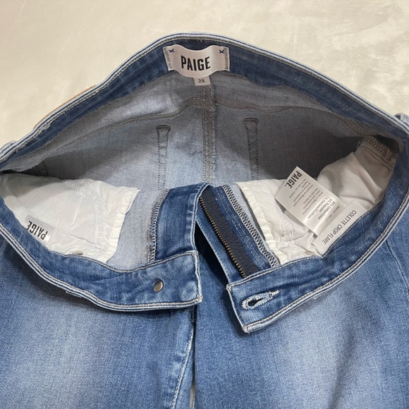 Paige Colette Crop Flare Distressed Blue Jeans w Raw Hem - Picture 10 of 16